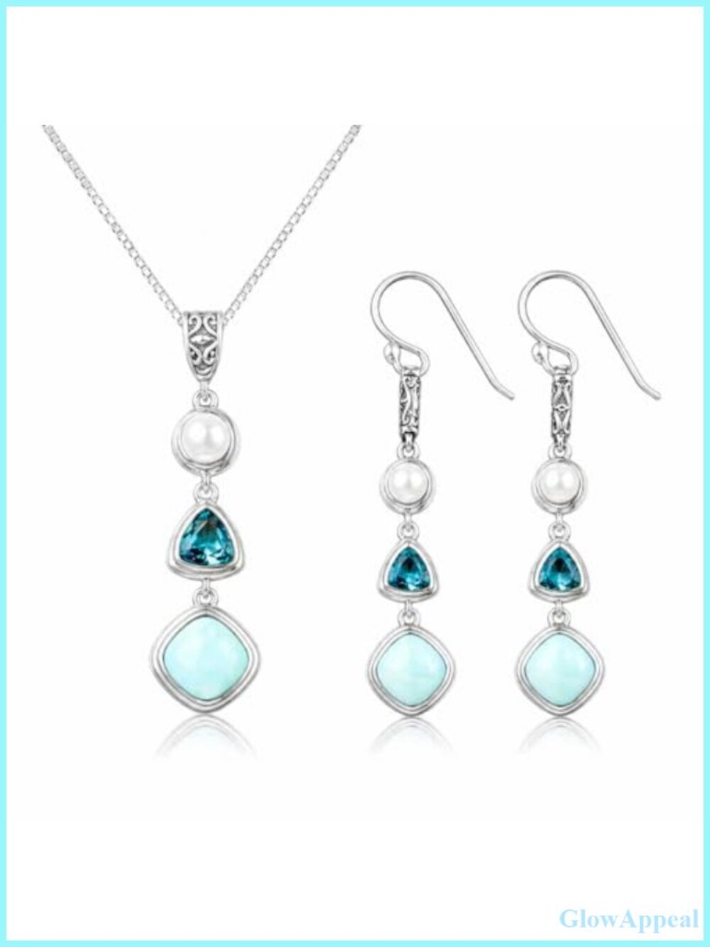 Larimar Blue Topaz Freshwater Pearl Necklace Earrings Set 925 Sterling Silver